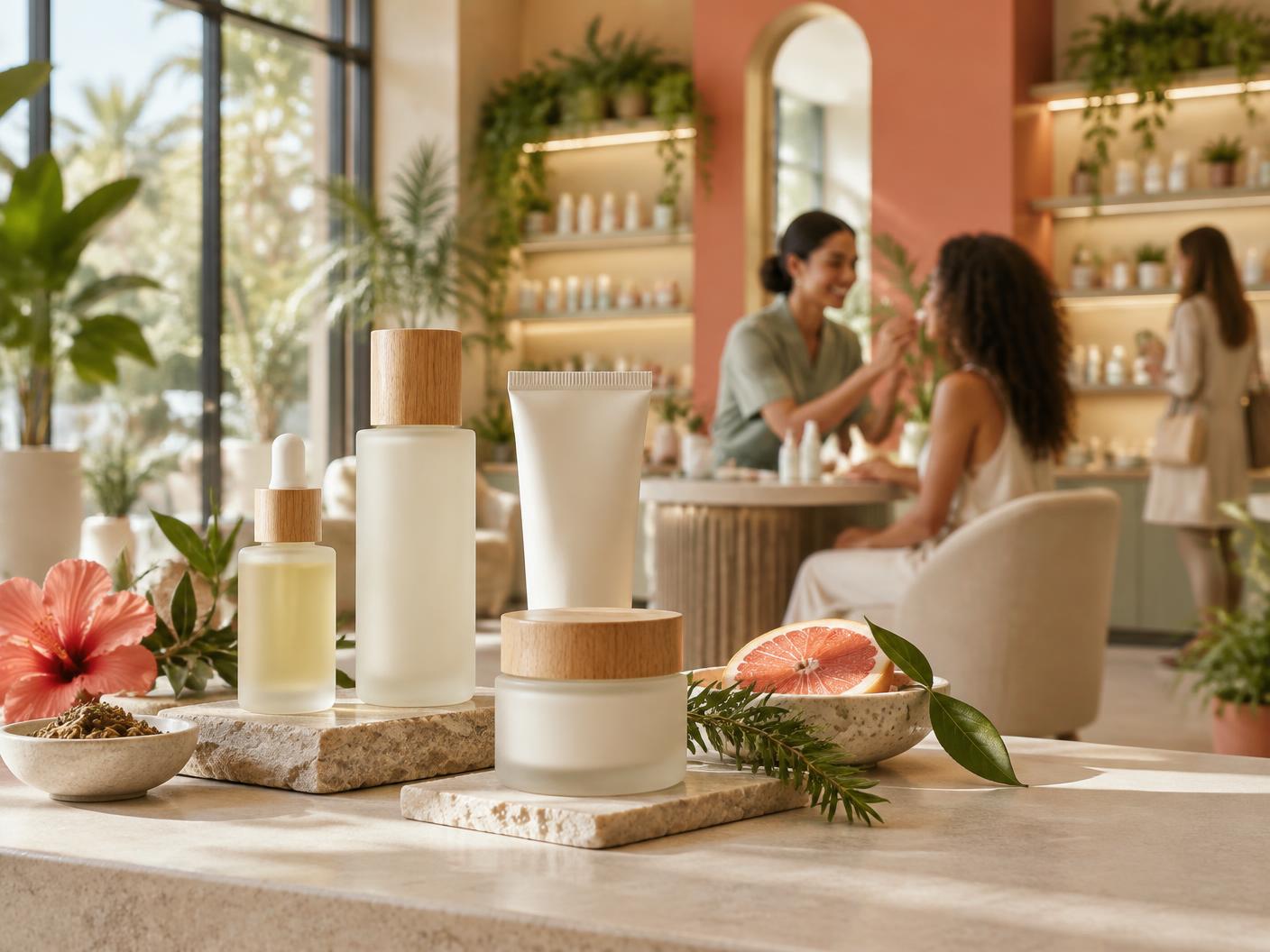 Skincare products in a modern consultation studio